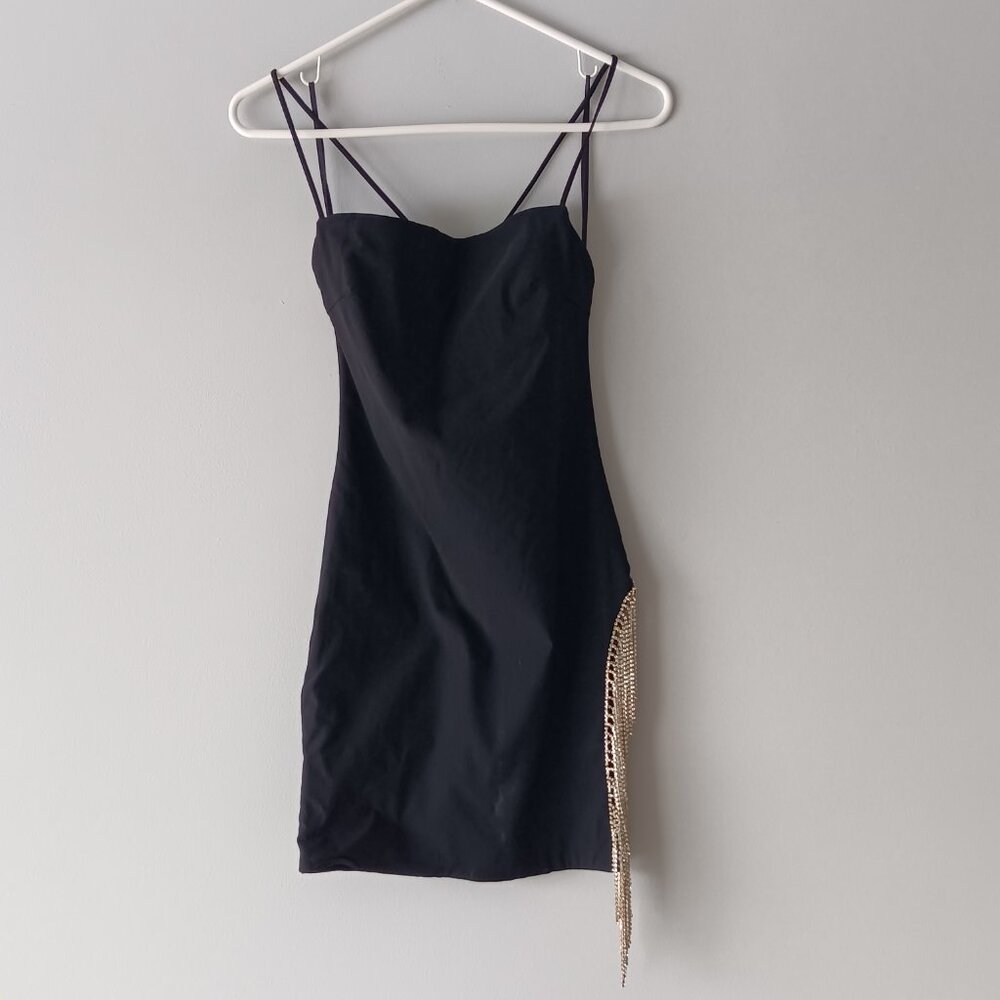 White Fox Rhinestone Fringe Bodycon Lined Mini Dress Straps Low Back Black Small
